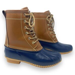 Khombu Letty Tan Leather Blue Rubber Lace Up Lined Winter Duck Boots Size 5M